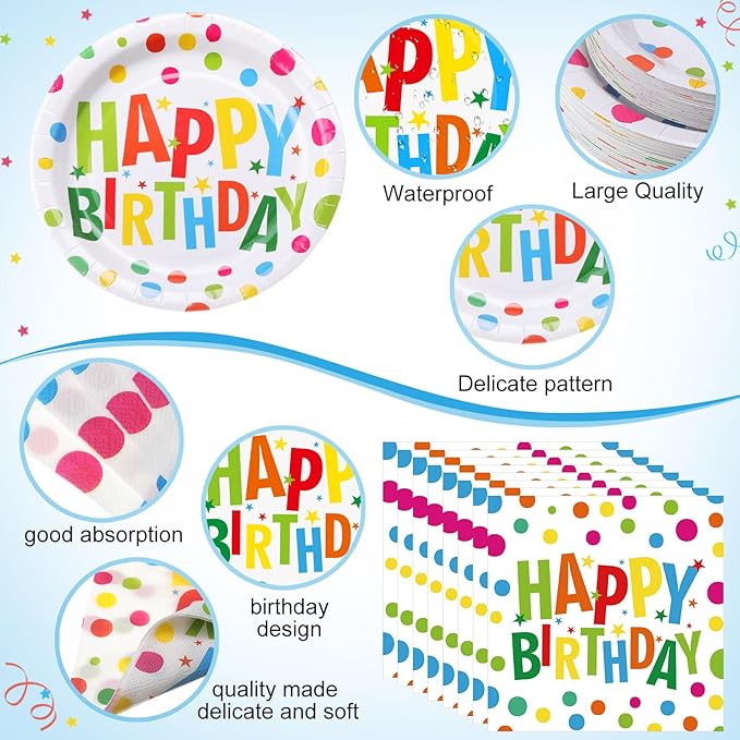 Pickmesh 400 Pcs Happy Birthday Decoration Set, Colorful Polka Dots Plates and Napkins Party Supplies, Disposable Plates and Cups with Plastic Cutlery for Birthday Party Favor