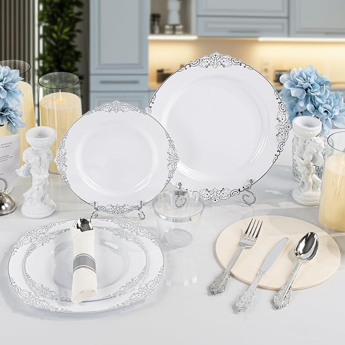 Bestluck 175PCS White and Silver Plastic Plates for 25 Guests, Disposable Dinnerware Sets Include 50 Plastic Plates, 25 Silverwares, 25 Cups, and 25 Pre Rolled Napkins for Party, Graduation