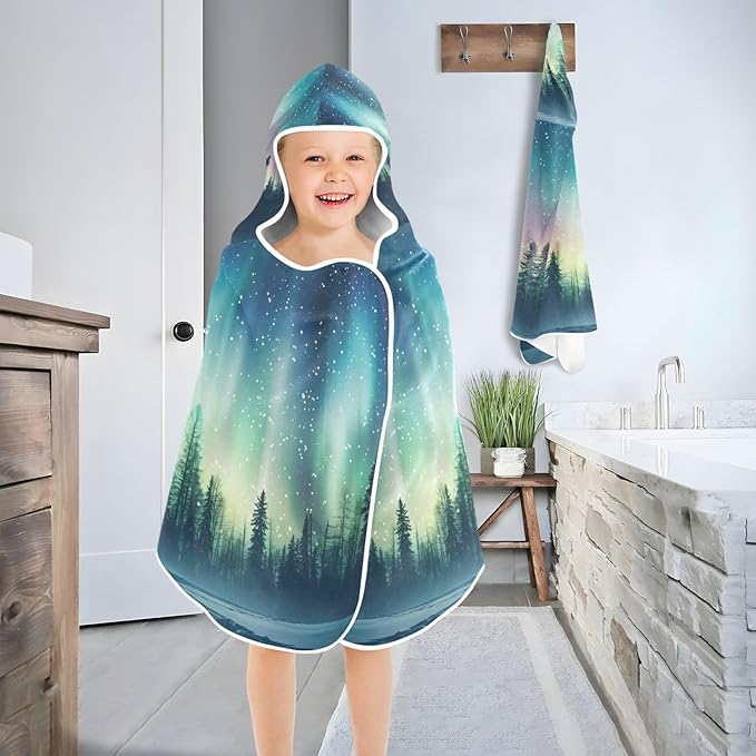 Hooded Towel for Kids Aurora Borealis in Woods Beach Wrap Bath Towels 50x23.5in