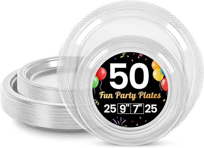 LANLISA 50 Pcs Clear Plastic Plates For Party, 25-9" & 25-7" Disposable Cake Dessert Plates For Birthday, Baby Shower, Graduation Decorations, New Years Dinner