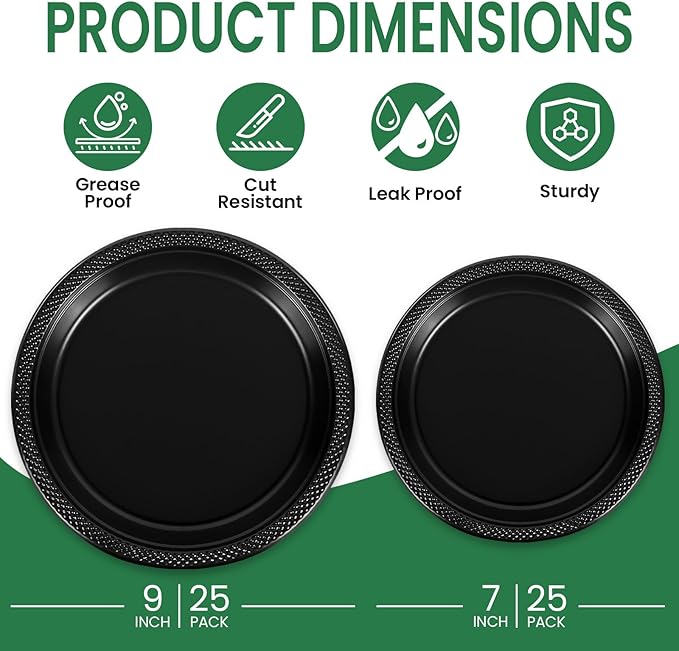 LANLISA 50 Pcs Black Plastic Plates For Party, 25-9" & 25-7" Disposable Cake Dessert Plates For Birthday, Graduation, Halloween Dinner