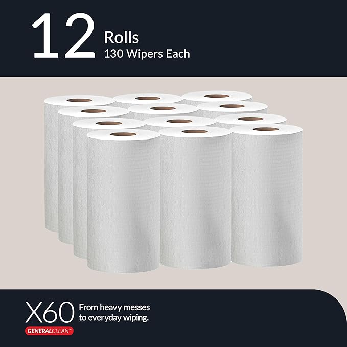 WypAll GeneralClean X60 Cloths Multi-Task Cleaning Wipes (35401), Strong and Absorbent Towels, White (130 Sheets/Roll, 12 Rolls, 1,560 Sheet Total)