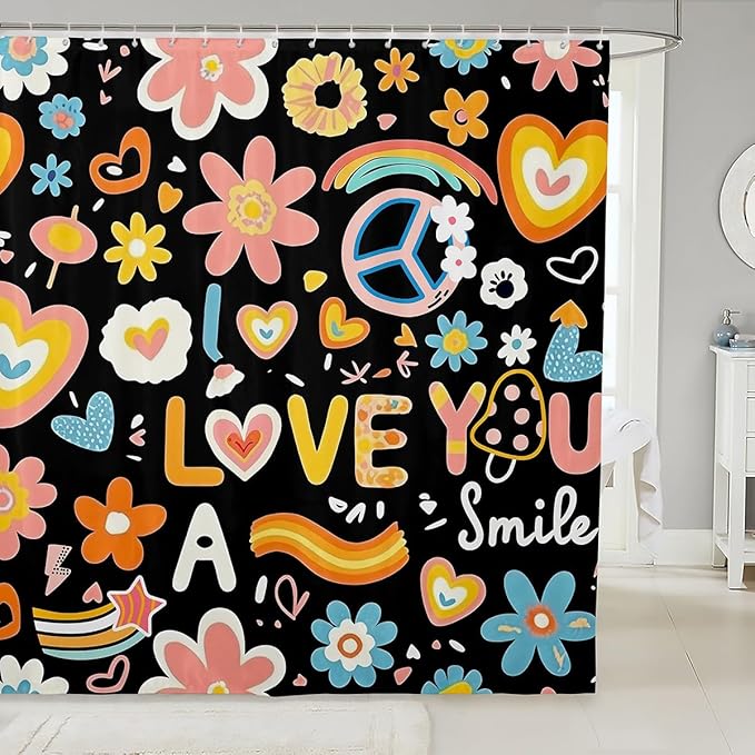 Groovy Flower Bath Curtain 72"Wx84"L Kids,Cartoon Rainbow Stars Daisy Peace Sign Shower Curtain Cute Home Decor for Teen Girls,Hippie Aesthetic Funny Bathroom Curtain Y2K Decor Bathroom Decor Set