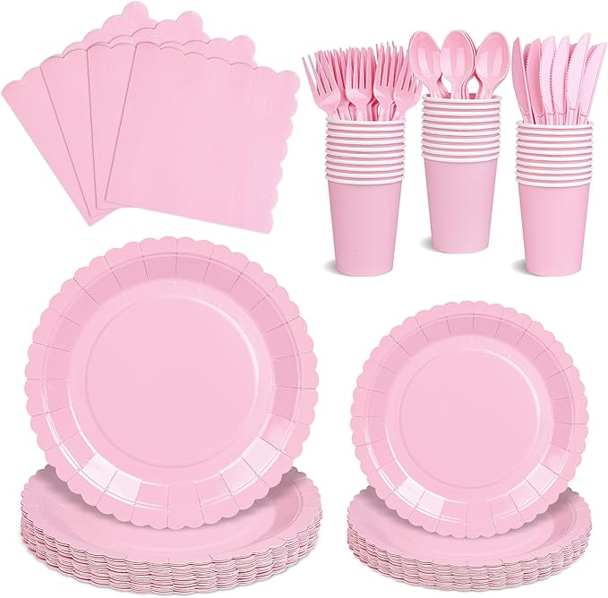 175 PCS Pink Paper Plates and Napkins Set, Pink Party Supplies for 25 Guests Include Scalloped Plate Paper Napkins Cups Knife Fork Spoon for Baby Shower, Birthday, Wedding, Easter Party, Mother's Day