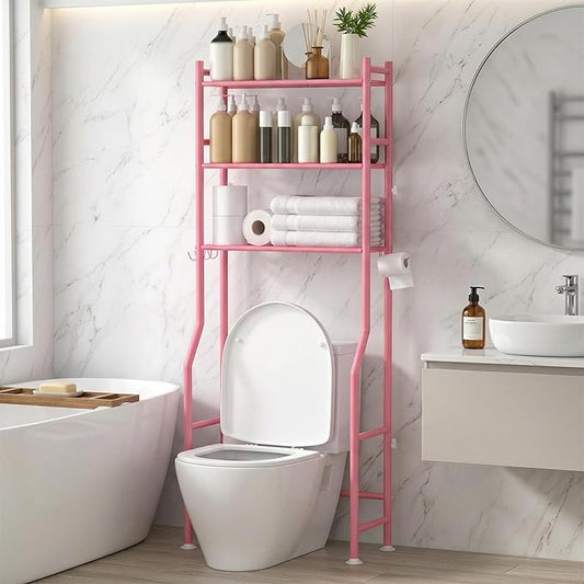 GloTika 3-Tier Over Toilet Storage with Anti-Tilt Safety System - 150lb Total Capacity Metal Bathroom Shelves Including Paper Holder & 4 Hooks, Space Saving Above Commode Organizer (64" H, Pink)