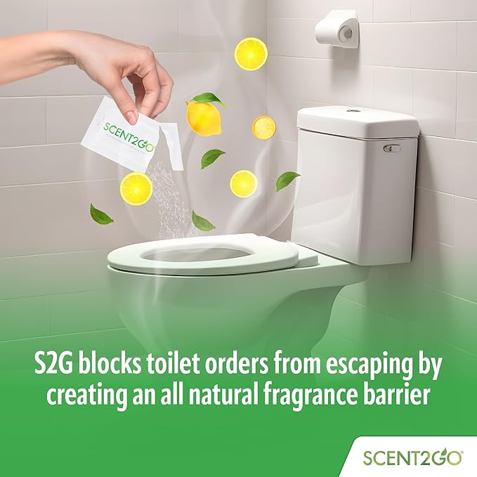 Scent2Go Toilet Fragrance Powder - Discreet Travel Size Packet - Leak Lock Design - Plant Based Formula - Lemon + Mint - 20 Single Use Packets