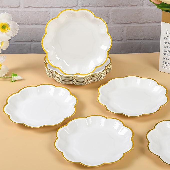 AimFun White Golden Party Plates Gold Foil Dessert Paper Plate 7inch Scalloped Edge Disposable Cake Plates for Tea Party Birthday Bridal Baby Shower Wedding Party Supplies (24, White)