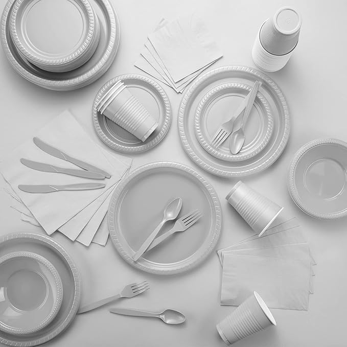 Amcrate Disposable Plastic Plates Silver, 10.4 Inches Plastic Dinner Plates, Strong and Sturdy Disposable Plates for Party, Dinner, Holiday, Picnic, or Travel Party Plates, Pack of 50