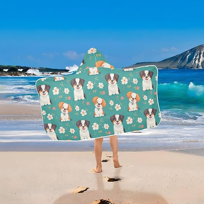 Kids Hooded Beach Towel Cartoon Cute Dog Turquoise Boys Hooded Beach Towel Soft Toddler Bath Towels