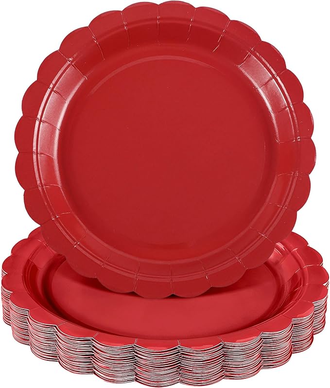 NatNarr 30 Pcs Red Paper Plates 9 Inch Scalloped Red Dessert Dinner Plates Cute Grad Party Plates for 2026 Graduation, Birthday, Picnic