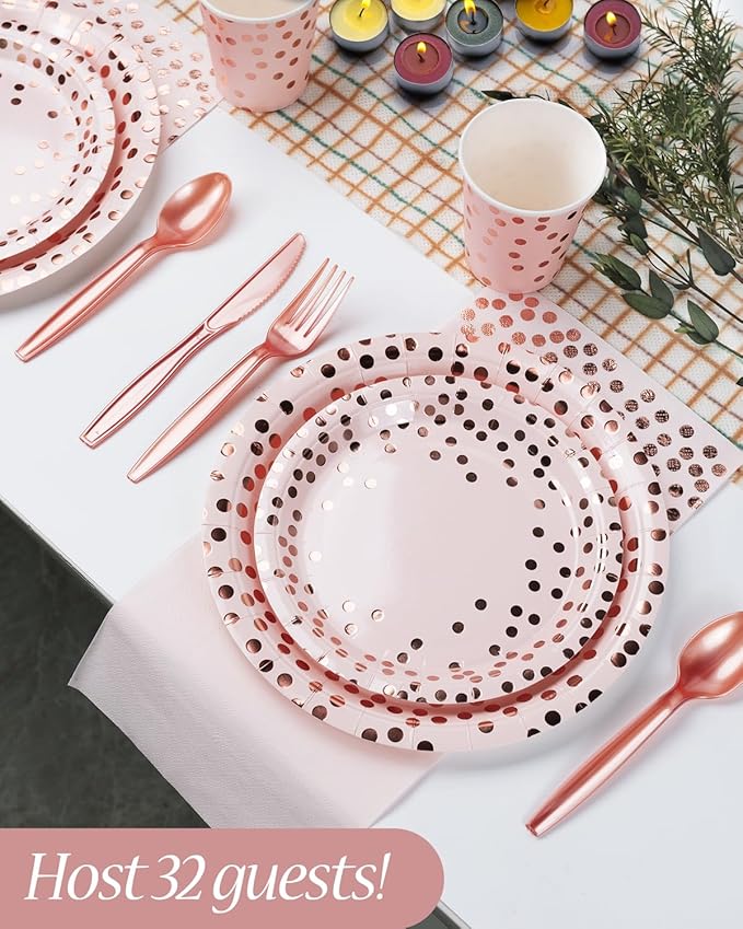 224 Pieces Party Supplies, Pink and Rose Gold Dots Party Plates Cups and Napkins Sets with Plastic Knives forks spoons, Disposable Tableware Serves 32 Sets for Wedding, Birthday, Graduation, Festivals