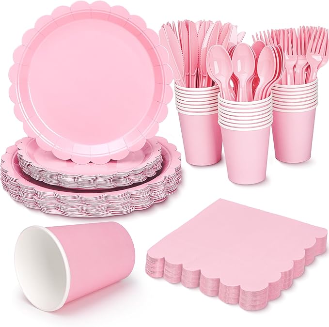 168 Pcs Pink Paper Plates and Napkins, Light Pink Party Supplies Include Scalloped Plate Napkins Cups Forks Knives Disposable Plastic Cutlery for Xmas Dinner Plates Table Decorations