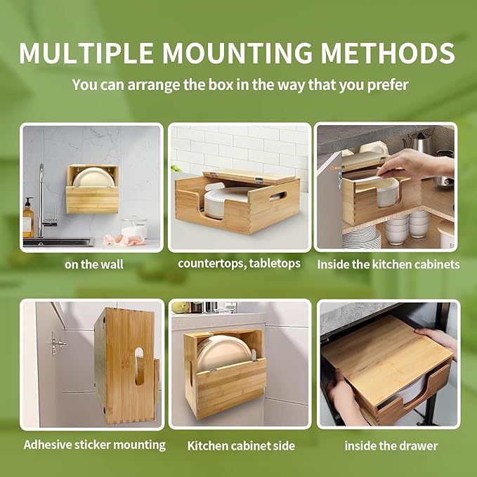 EBIGIC Bamboo Paper Plate Storage,Paper Plate Holders and Dispenser,fit for Kitchen Wall, Countertop and Under Cabinet 8-10in Plates