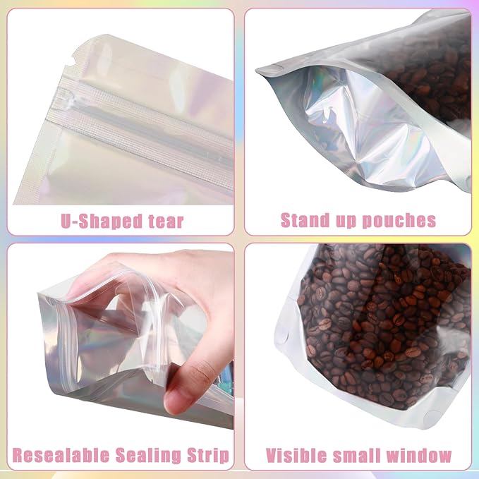150 Pcs Mylar Bags for Food Storage, 5x8 Mylar Bag with Window Stand Up, Small Holographic Resealable Bags Smell Proof Bag Food Packaging for Small Business Freeze Dried Candy Jewelry Foil Packaging