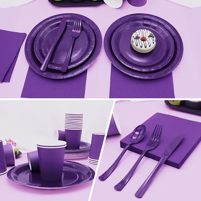 Purple Paper Plates Party Supplies,350pcs Purple Plates and Cups and Napkins Set for Mardi Gras Birthday Decorations for Women Srve 50