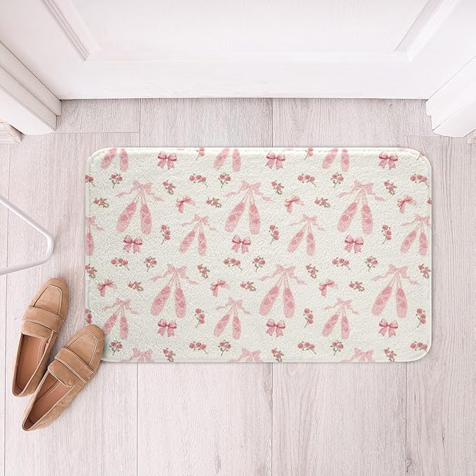 Ballet Shoes Kids Bath Mats,Pink Bowknot Bow Tie Geometric Patchwork Mats Rugs for Girls,Rose Flowers Dots French Bath Carpets,Romantic Unique Bath Rugs,Absorbent Floor Mats,20Wx32L Inches
