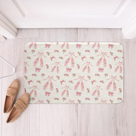 Ballet Shoes Kids Bath Mats,Pink Bowknot Bow Tie Geometric Patchwork Mats Rugs for Girls,Rose Flowers Dots French Bath Carpets,Romantic Unique Bath Rugs,Absorbent Floor Mats,20Wx32L Inches