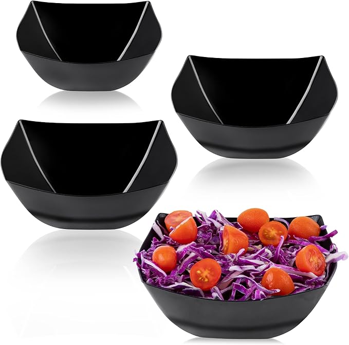 PLASTICPRO Disposable Square Serving Bowls, Party Snack or Salad Bowl, Plastic Black Pack of 4, 16 OUNCE, Black