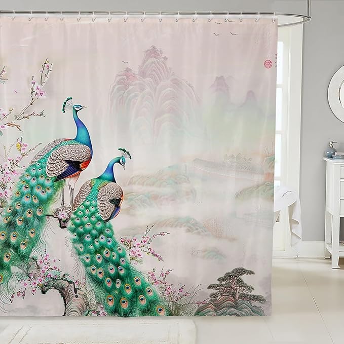 Peacock Shower Curtain Pink Floral Bath Curtain Blue Bird Feathers Shower Curtain Set with Hooks for Stalls Bathtubs Animal Themed Bedroom Decor Nature Landscape Cloth Fabric Bathroom Decor 72x84 Inch