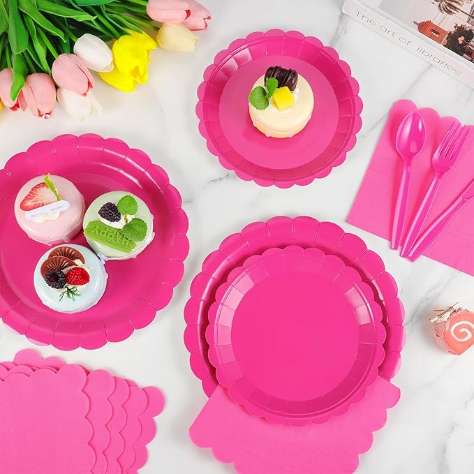 175 Pcs Hot Pink Paper Plates and Napkins, 25 Guest Hot Pink Supplies Include Scalloped Party Plates Napkins Cups Plastic Cutlery Set for Birthday, Bridal Shower