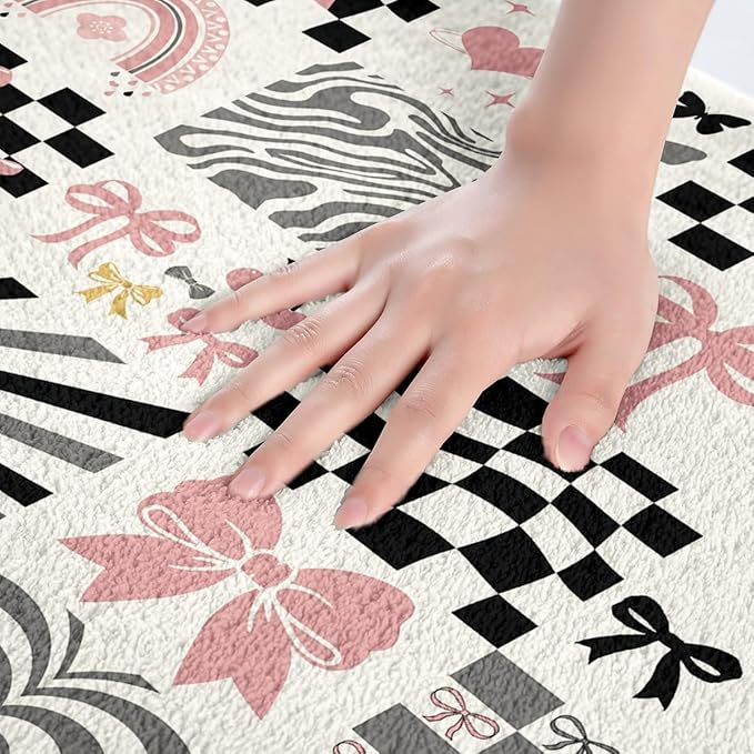Pink Bowknot Kids Bath Mats,Geometric Plaid Grid Checkered Mats Rugs for Girls,Bow Tie Rainbow Stripe Abstract Bath Carpets,Black White Chic Bath Rugs,Absorbent Floor Mats,20Wx32L Inches