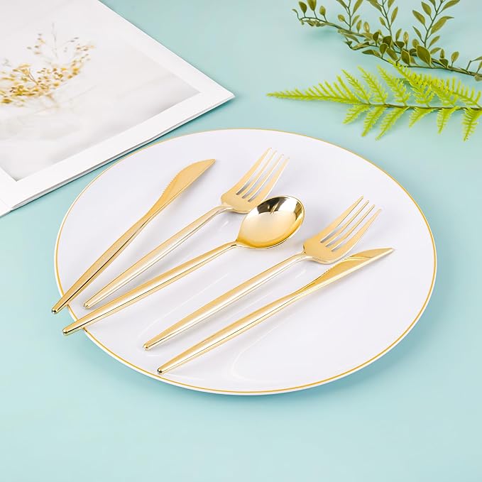 I00000 150PCS White and Gold Plastic Plates with Disposable Silverware for 30 Guests,Nice Disposable Plates,White Plastic Plates Set Include 30 Dinner Plate,30 Dessert Plate,90 Gold Cutlery for Party
