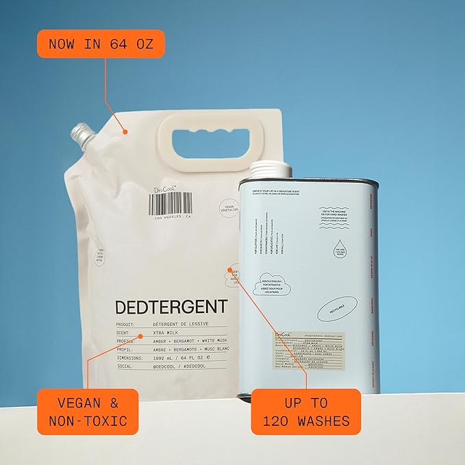 DedCool Liquid Laundry Detergent in Xtra Milk | Luxurious Scent | Stain-Removing Formula | Infused with Natural Essential Oils | Non-Toxic | Up to 120 Washes | 64 fl oz