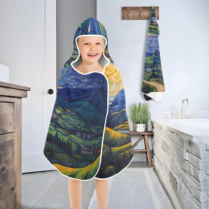 Hooded Towel for Kids Starry Night of Village Fields Beach Wrap Bath Towels 50x23.5in