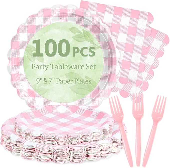Mulbozy 100 Pink Gingham Plates and Napkins Disposable Set Includes 25-9" & 25-7" Dessert Cake Scalloped Plates, Cocktail Napkins, Forks for for Holiday Party Supplies