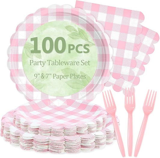 Mulbozy 100 Pink Gingham Plates and Napkins Disposable Set Includes 25-9" & 25-7" Dessert Cake Scalloped Plates, Cocktail Napkins, Forks for for Holiday Party Supplies