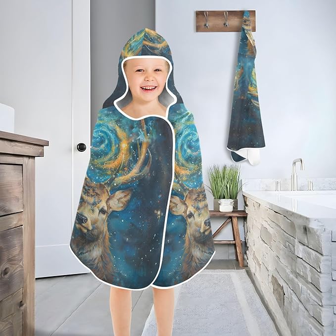 Hooded Towel for Kids Galaxy Deer Oil Painting Beach Wrap Bath Towels 50x23.5in