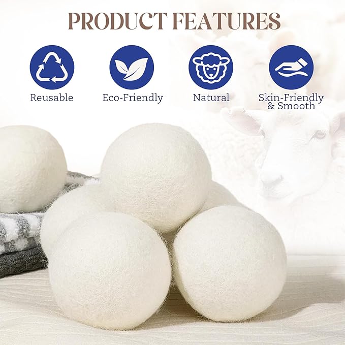 Large Wool Dryer Balls, New Zealand Dryer Balls Laundry Reusable Reduce Static Cling, Dryer Ball to Reduce Wrinkles & Shorten Drying Time, Drying Balls Fabric Softener Ball for Laundry（Pack of 6 XL)