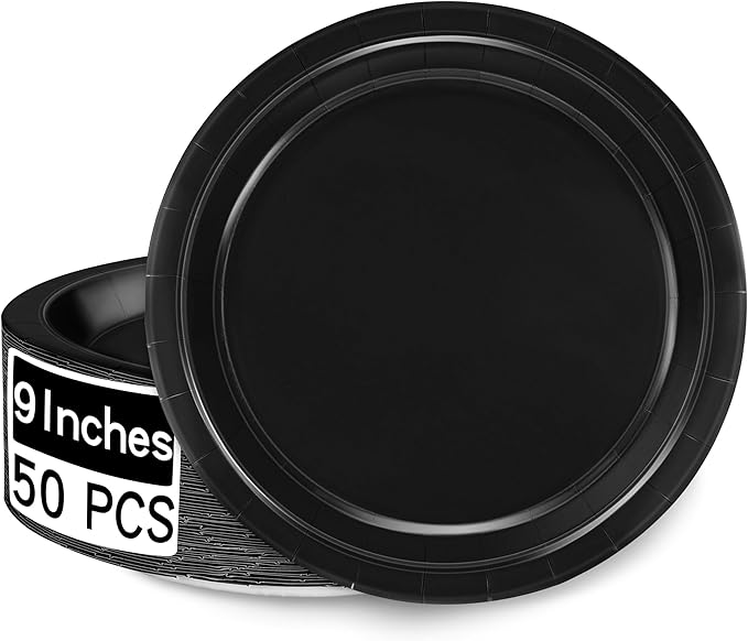 50 Pieces of Paper Plates, Round Black Party Plates Pack, Disposable 9 Inches Paper Dinner Plates, Everyday Use Plates for Daily Meals Picnic Camping Birthday Christmas Thanksgiving Supplies