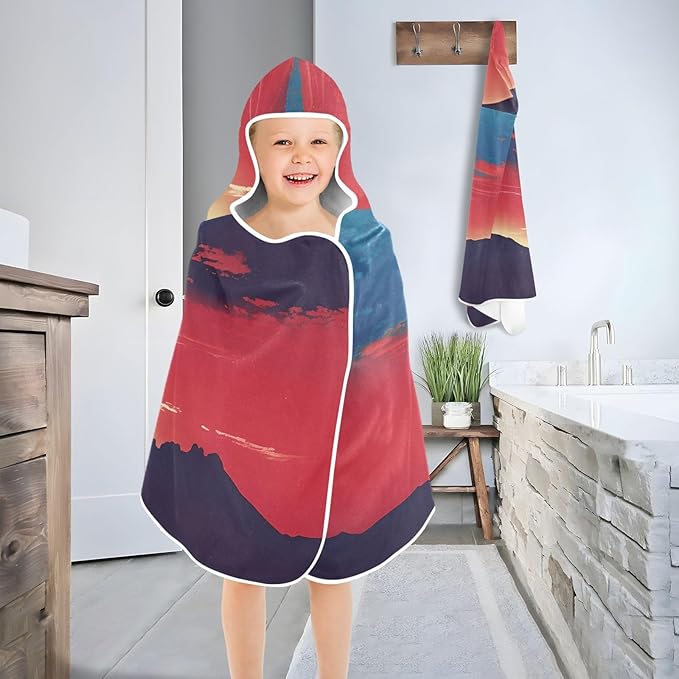 Hooded Towel for Kids Red Sunset Over The Mountains Beach Wrap Bath Towels 50x23.5in