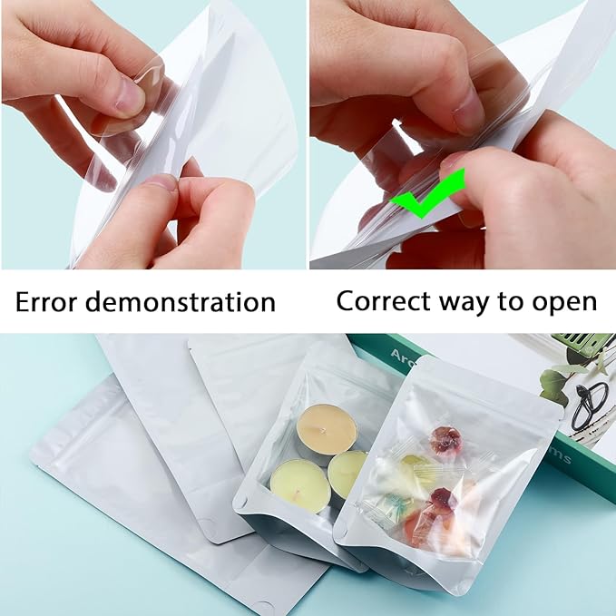200 Mylar Bags for Food Storage 6X9 Mylar Bags with Window Candy Packaging Resealable Bags White Stand Up Pouches Edible Packaging for Small Business