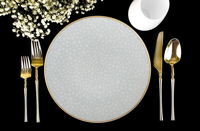 PLASTICPRO 30 Pack Hammered Plastic Plates Heavyweight Disposable Plastic Plates Elegant Transparent White With Gold Rim Platsic Party Dishes (Transparent White With Gold Rim, 9'' INCH PLATES)