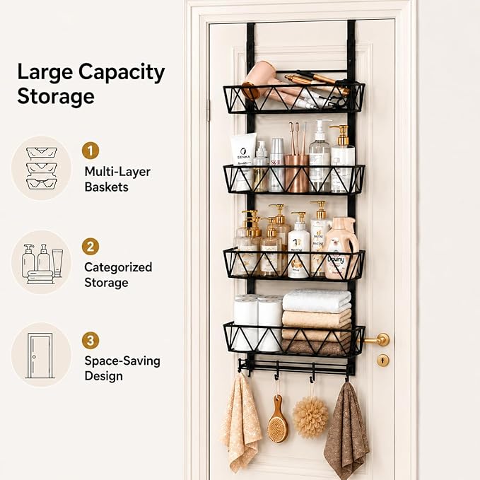 Bathroom Storage and Organizer Rack Hair Dryer Holder,Hair Tool Organizer,4-Tier Over The Door Organizer Adjustable Height, for Bathroom Laundry Cosmetic, Vanity, Kitchen