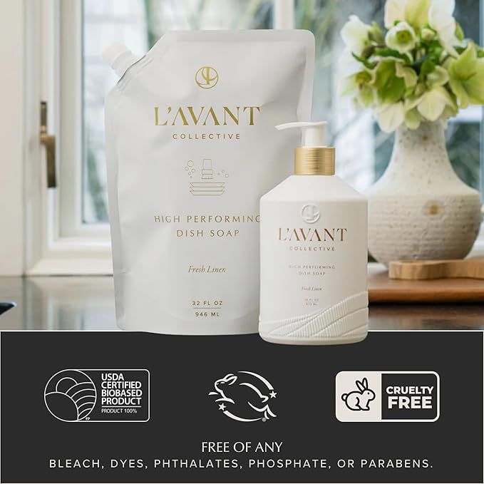 L'AVANT Collective Natural Luxury Dish Soap Refill | Plant-Based, Non-Toxic & Grease-Cutting, Refill for Glass Bottle, 32 Fl Oz | Fresh Linen