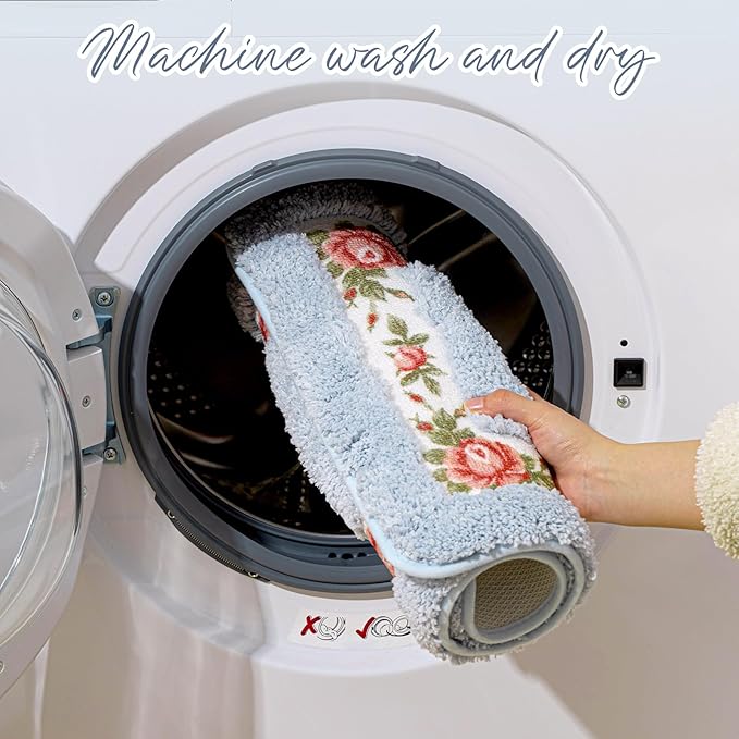 Drydiet 3 Pcs Rose Flowers Bathroom Rugs Set Coquette Room Decor Floral Carpet for Bathroom Bedroom Living Room, Floral Bath Mat Non Skid Romantic Rose Flower Area Rugs 3 Shapes(Blue,Small)