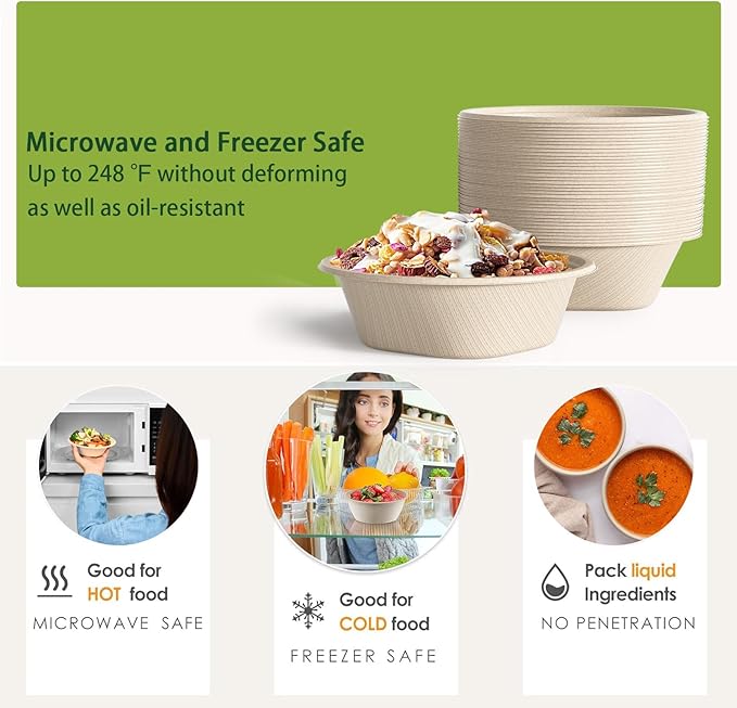 24 Oz Disposable Paper Bowls - Heavy Duty Disposable Bowls - Made from Natural Bagasse - Disposable Bowls for Hot Soup, Salad, Dessert, and More [50 Pack]