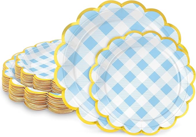 50 Pcs Blue and White Checkered Paper Plates, 25 Pcs 9" and 25 Pcs 7" Disposable Blue Gingham Scalloped Plates with Gold Foil for Graduation Wedding Baby Shower Birthday Party Picnic BBQ