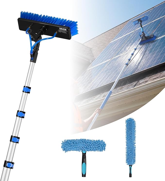 VEVOR Solar Panel Cleaning Kit, 26 ft, Water Fed Pole Kit with Cleaning Brush, Soap Dispenser, Extendable Aluminum Telescopic Pole, 180° Rotatable Brush Head, for Roof Mounted Solar Panels, Windows