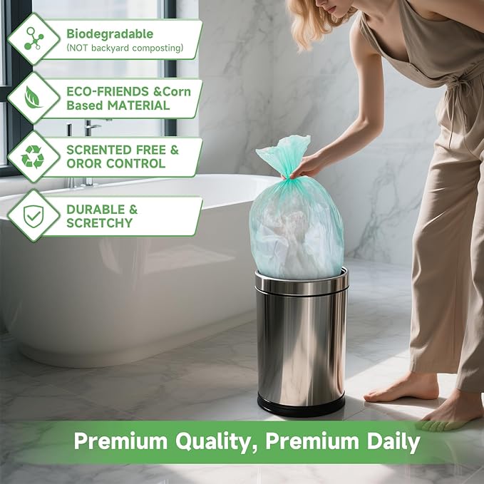 2 Gallon Mini Green Trash Bag - Small Garbage Bags For Bathroom Can 100 Count 7.5 Liter Unscented Compostable Biodegradable Tiny Little Waste Basket Liners Kitchen Car Office Strong Thick Heihaily