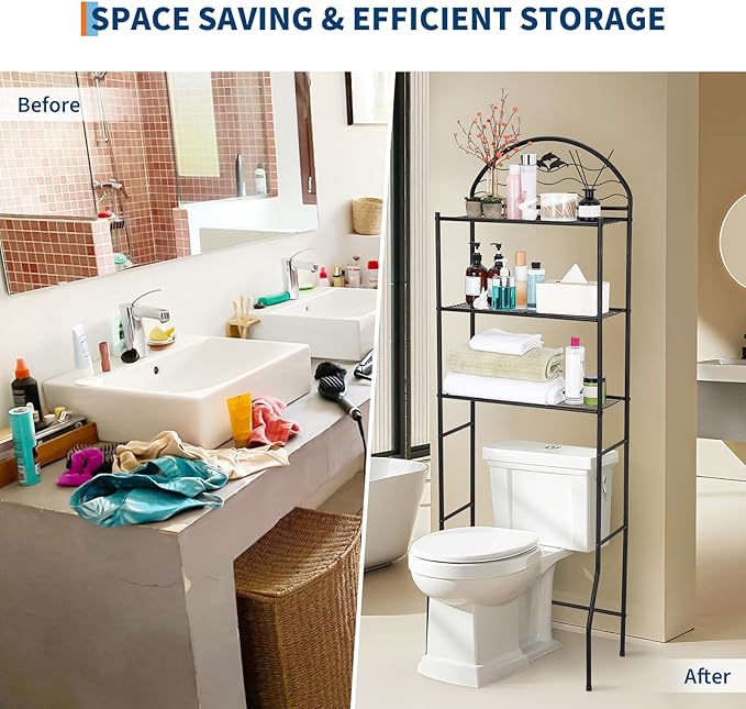 3 Tier Bathroom Over Toilet Storage Organizer Rack, Over the Toilet Storage, Space Saver Wrought Metal Bathroom Shelves, Freestanding Bathrooms Shelf for Restroom Laundry Balcony