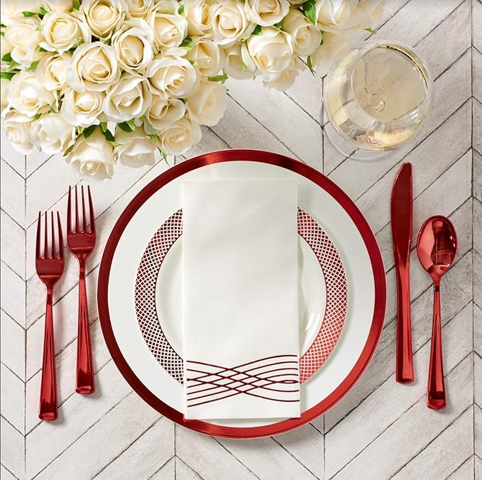By Madee HEAVYWEIGHT Red Party Plates Set 175 Piece Fancy Plastic Dinnerware Sets | Red Plates and Napkins Cutlery | Elegant & Nice for Wedding Bridal Shower (25 Guests)