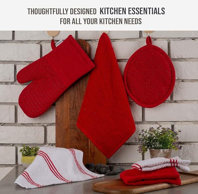 LANE LINEN 16 Pc Kitchen Dish Towels Set - 6 Absorbent Terry Kitchen Hand Towels, 6 Dish Cloths for Washing Dishes, 2 Silicone Grip Potholders & 2 Silicone Oven Mitts - Red
