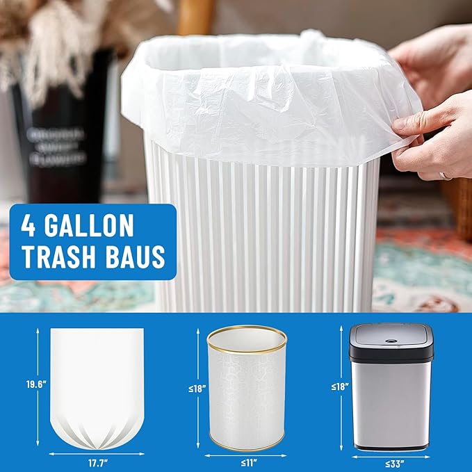 LainNeala Small Trash Bags 4 Gallon, 200 Count Small Garbage Bag Bathroom White Mini Trash Bag Trash Can Liners Unscented Garbage Bags for Bathroom Can