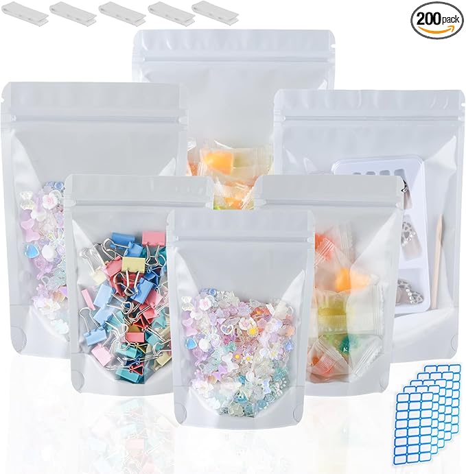 200 Mylar Bags for Food Storage 6X9 Mylar Bags with Window Candy Packaging Resealable Bags White Stand Up Pouches Edible Packaging for Small Business