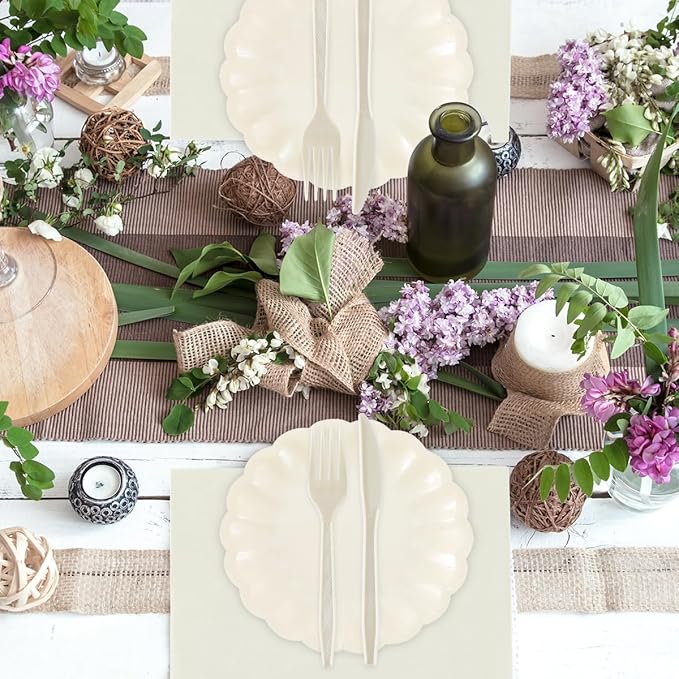 168Pcs Party Plates and Cups and Napkins Sets for 24 Guest Scalloped Paper Plates and Napkins Knives Spoons Forks Cups Disposable Party Set Cutlery for Dinner Baby Shower Wedding Favor(Cream White)
