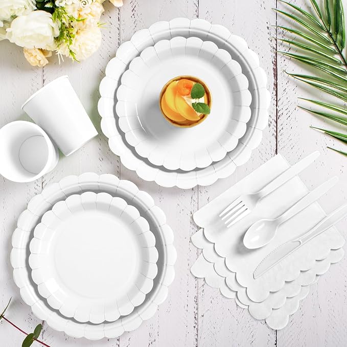 Vyntra 175 Pcs White Disposable Paper Plates and Napkins Set for 25, 9" Dinner Plates & 7" Dessert Plates, Tableware for Wedding, Bridal Shower, Birthday, Party
